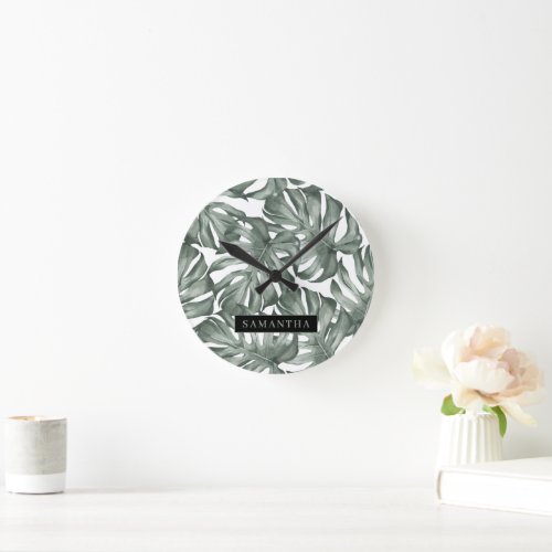 Tropical Watercolor Modern Oasis Leaves Pattern Round Clock