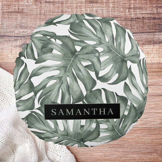 Tropical Watercolor Modern Oasis Leaves Pattern Round Pillow (Creator Uploaded)