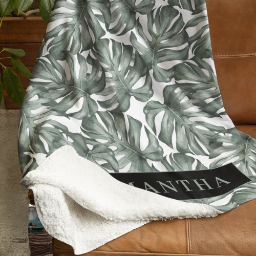 Tropical Watercolor Modern Oasis Leaves Pattern Sherpa Blanket
