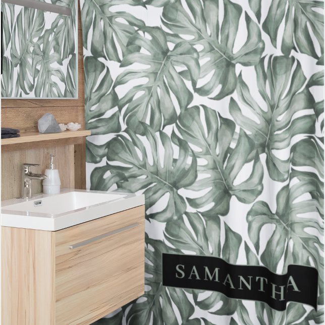 Tropical Watercolor Modern Oasis Leaves Pattern Shower Curtain (Creator Uploaded)
