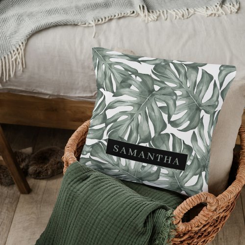 Tropical Watercolor Modern Oasis Leaves Pattern Throw Pillow