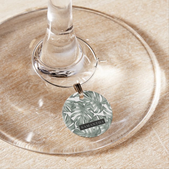 Tropical Watercolor Modern Oasis Leaves Pattern Wine Charm (In Situ)