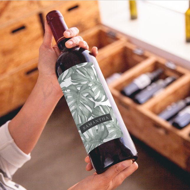 Tropical Watercolor Modern Oasis Leaves Pattern Wine Label (Creator Uploaded)