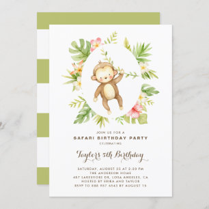 Tropical Watercolor Monkey Safari Kids Birthday Invitation