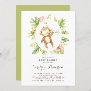 Tropical Watercolor Monkey Summer Baby Shower Invitation