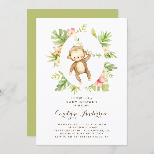 Tropical Watercolor Monkey Summer Baby Shower Invitation