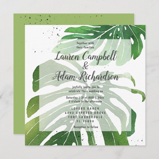 Tropical Watercolor Monstera Foliage Wedding Invitation (Front/Back)