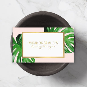 Tropical Watercolor Monstera Leaves Boutique Pink Business Card