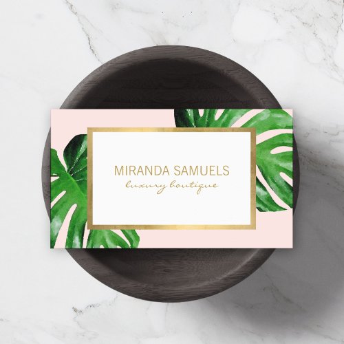 Tropical Watercolor Monstera Leaves Boutique Pink Business Card