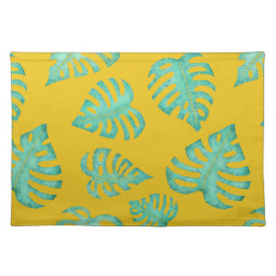 Tropical Watercolor Monstera Leaves on Mustard Cloth Placemat