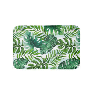 Tropical Watercolor Monstera & Palm Tree Leaves Bath Mat