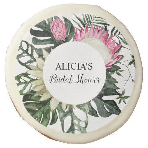 Tropical Watercolor Monstera Protea Bridal Shower Sugar Cookie