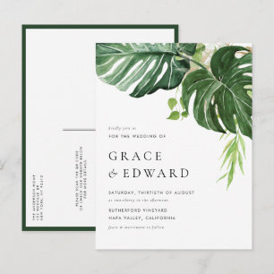 Tropical Watercolor Monstera QR Code Wedding Invitation Postcard