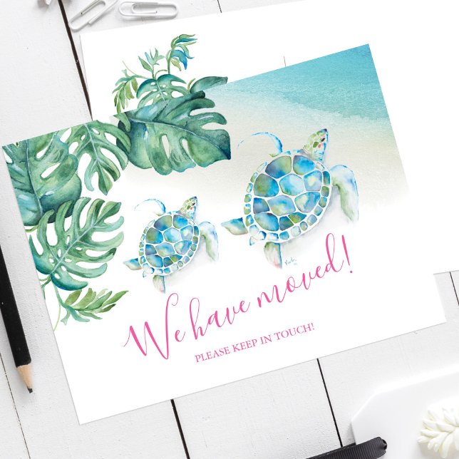 Tropical Watercolor Moving Announcements (New address moving announcement cards watercolor sea turtle and palm leaf by Victoria Grigaliunas)