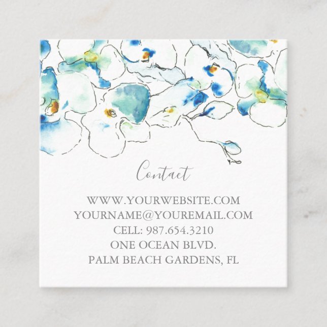 Tropical Watercolor Orchid Flowers Square Business Card (Front)