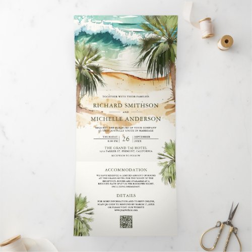 Tropical Watercolor Palm Beach QR Code Wedding Tri_Fold Invitation