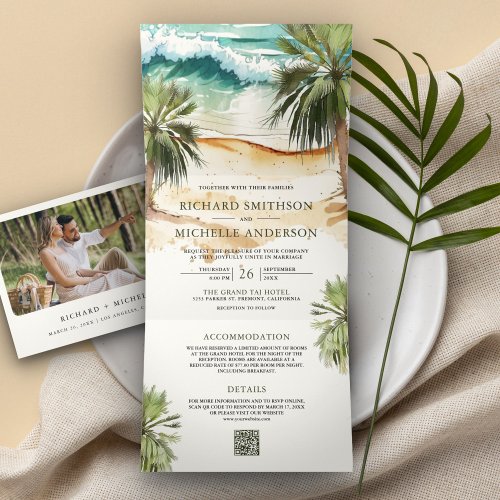 Tropical Watercolor Palm Beach QR Code Wedding Tri_Fold Invitation