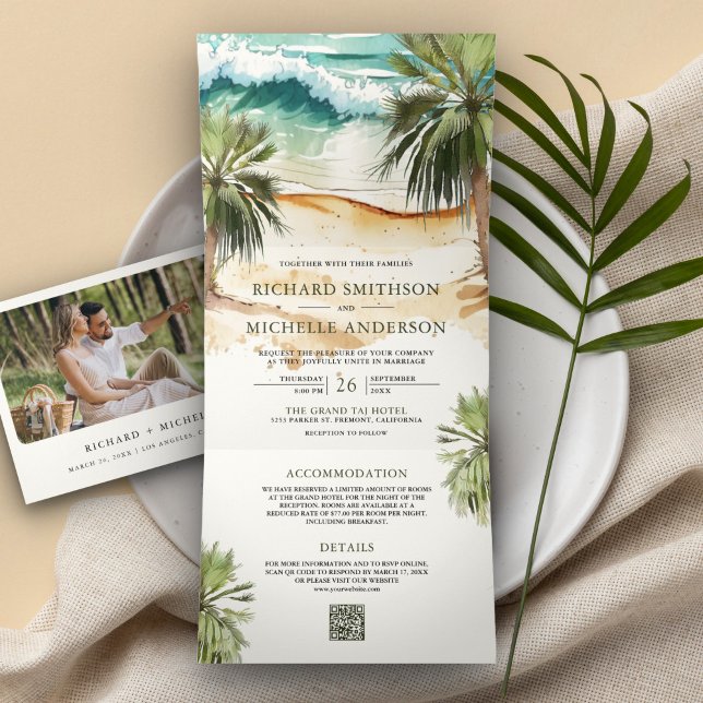 Tropical Watercolor Palm Beach QR Code Wedding Tri-Fold Invitation (Creator Uploaded)