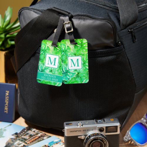 Tropical Watercolor Palm Botanical Monogrammed Luggage Tag