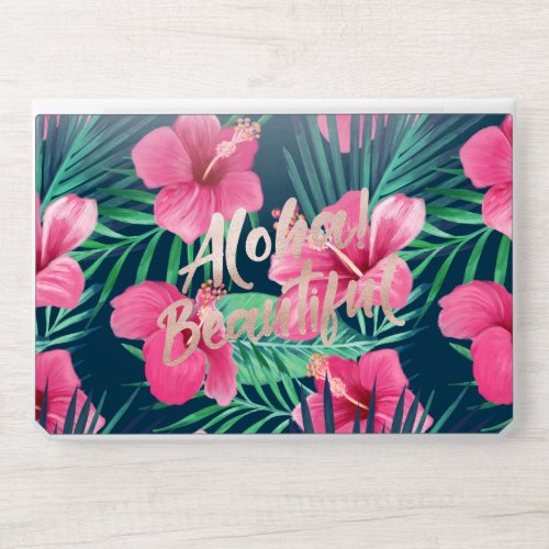 Tropical Watercolor Palm Foliage  Pink Hibiscus HP Laptop Skin
