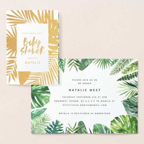 Tropical watercolor palm leaf baby shower invite