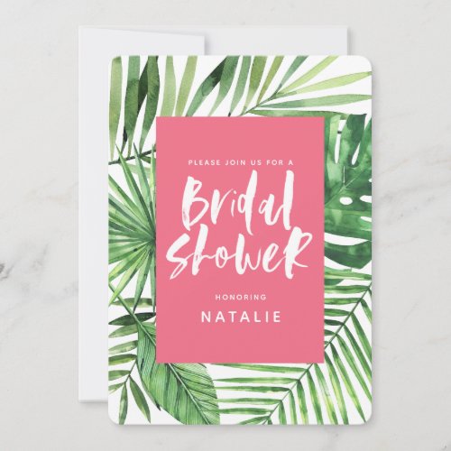 Tropical watercolor palm leaf bridal shower invite