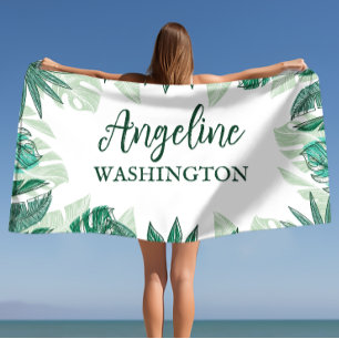 Tropical Watercolor Palm Leaves Custom Name Beach Towel
