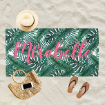 Tropical Watercolor Palm Leaves Custom Pink Name Beach Towel<br><div class="desc">Stylish personalized tropical beach towel design features your first name in girly and modern bright pink script writing with a trendy background pattern of rich jungle green palm and monstera leaves with a watercolor painted look. The fresh white background color can be modified via Personalize / Customize Further. Perfect for...</div>