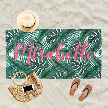 Tropical Watercolor Palm Leaves Custom Pink Name Beach Towel by Plush_Paper at Zazzle