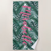 Tropical Watercolor Palm Leaves Custom Pink Name Beach Towel (Front)