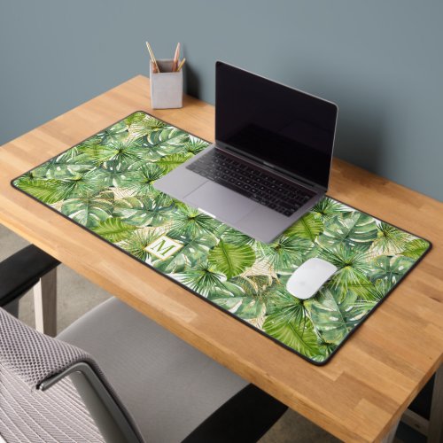 Tropical Watercolor Palm Leaves Monogram Desk Mat
