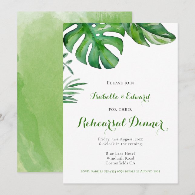 Tropical Watercolor Palm Leaves Rehearsal Dinner   Invitation (Front/Back)