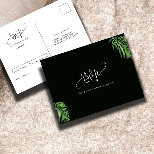 Tropical Watercolor Palm Leaves Wedding RSVP Postcard