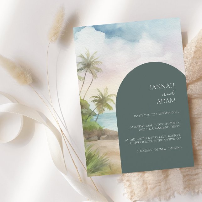 Tropical Watercolor Palm Tree Arched Wedding Invitation (Creator Uploaded)