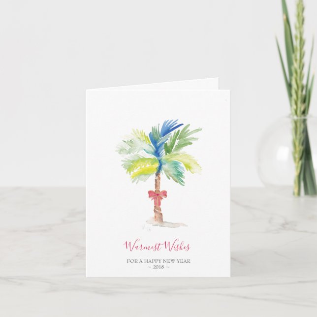 Tropical Watercolor Palm Tree beach Christmas Card (Front)