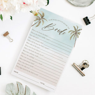 Tropical Watercolor Palm Tree Bridal Shower Game Invitation