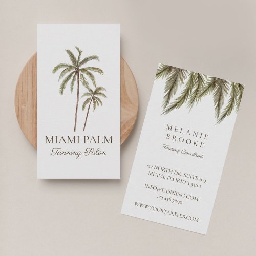 Tropical Watercolor Palm Tree Tanning Salon White Business Card