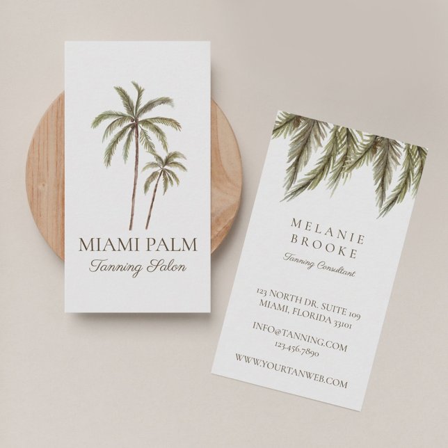 Tropical Watercolor Palm Tree Tanning Salon White Business Card (Creator Uploaded)