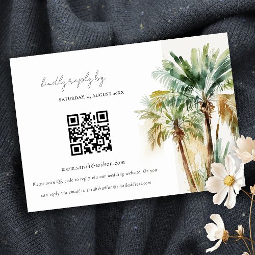 Tropical Watercolor Palm Tree Wedding QR CODE RSVP Enclosure Card