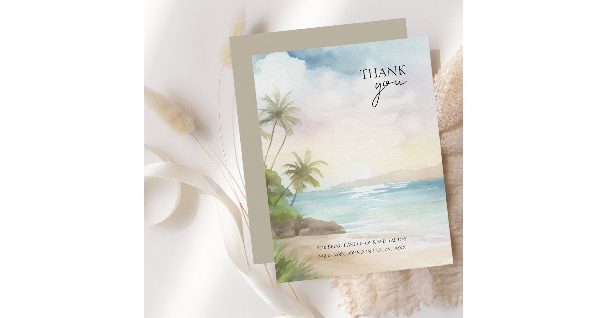 Tropical Watercolor Palm Trees Beach Wedding Thank You Card | Zazzle