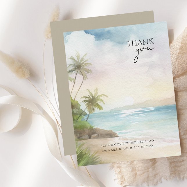 Tropical Watercolor Palm Trees Beach Wedding Thank You Card (Creator Uploaded)