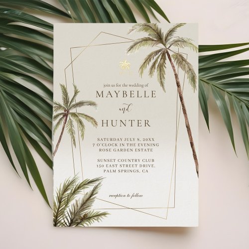 Tropical Watercolor Palm Trees Bohemian Wedding Foil Invitation