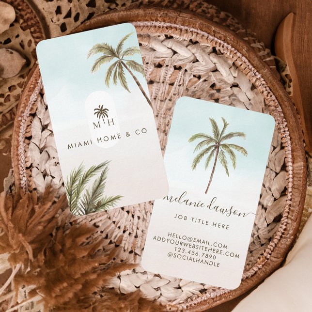 Tropical Watercolor Palm Trees Boho Monogram Business Card (Tropical Watercolor Palm Trees Boho Monogram Business Card)