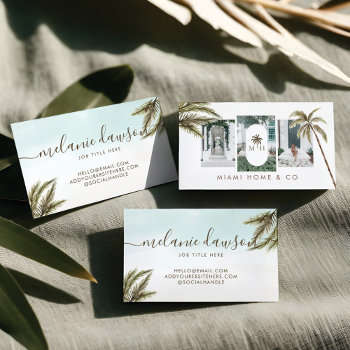 Tropical Watercolor Palm Trees Boho Photo Business Card by moodthology at Zazzle