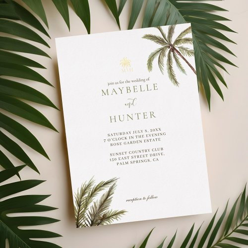 Tropical Watercolor Palm Trees Boho Wedding Photo Foil Invitation