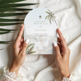 Tropical Watercolor Palm Trees Boho Wedding Photo Invitation