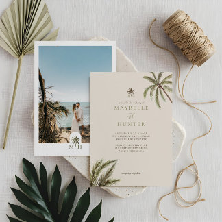 Tropical Watercolor Palm Trees Boho Wedding Photo Invitation
