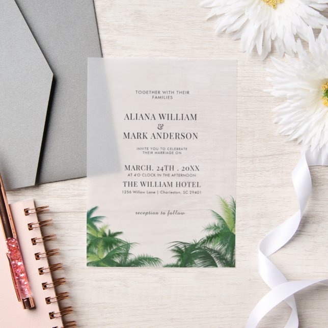 Tropical Watercolor Palm Trees Boho Wedding  Vellum Invitations (Wedding)