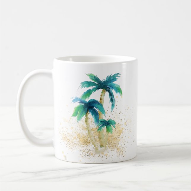 Tropical Watercolor Palm Trees Gold Sand Coffee Mug (Left)