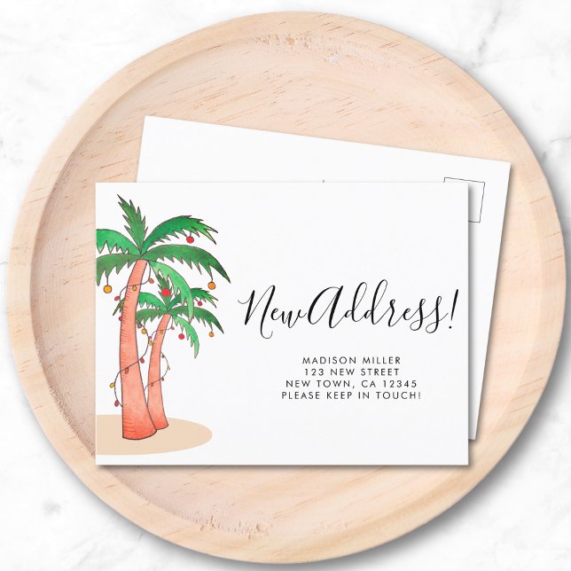 Tropical Watercolor Palm Trees Moving  Announcement Postcard (Creator Uploaded)